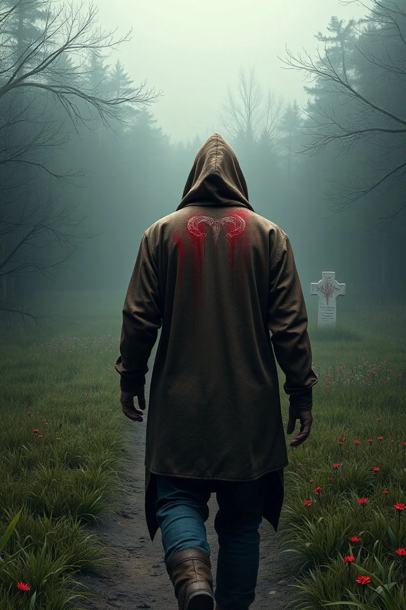 Imaginary Real 3D image of a ma It a man with a hood. He walks away with his back to us.In a secluded place with a small meadow Near a grave painted red and affected