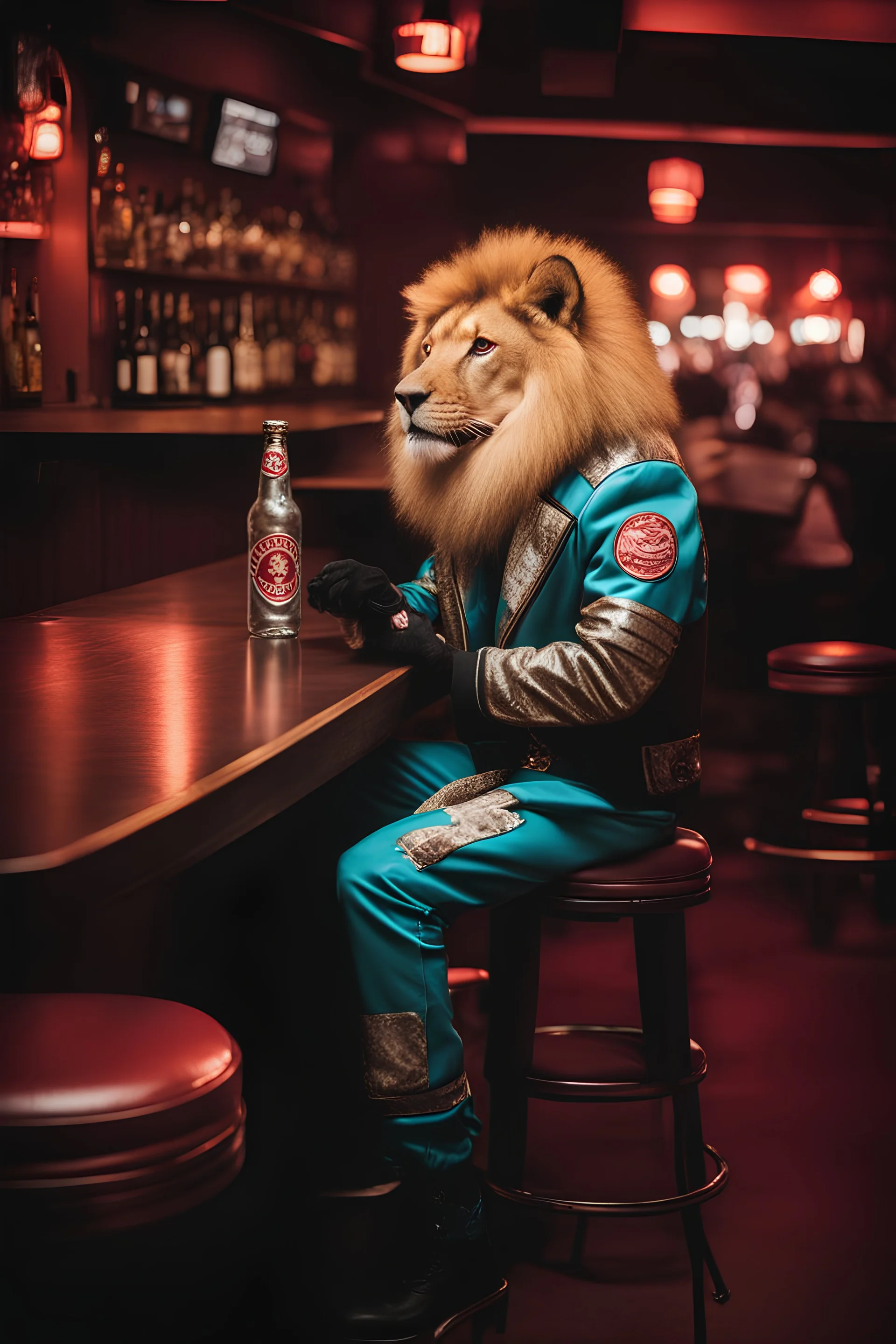 photo of a lion dressed bosozoku outfit sitting at a table in a bar with a bar stools, bottle beer, award winning photography, Elke vogelsang, bosozoku outfit, award winner photo