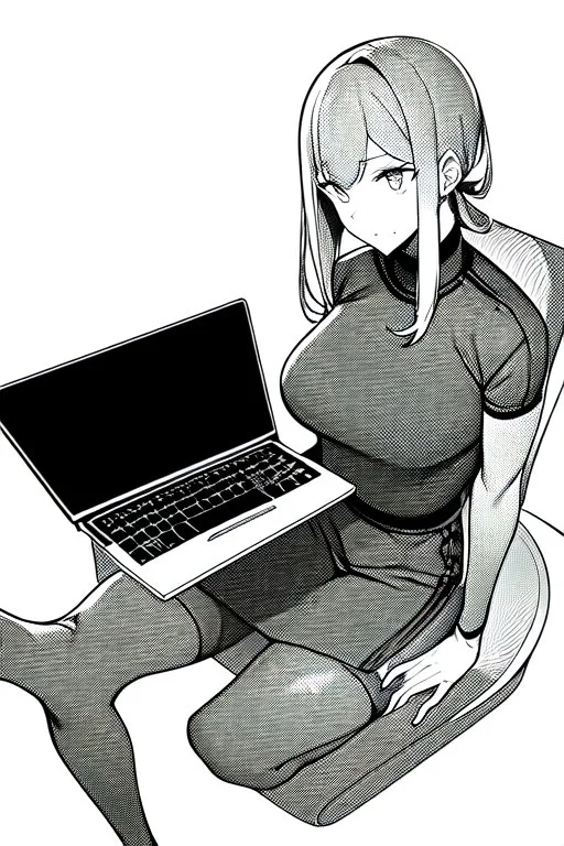 hacker girl use a laptop sitting in a cafe, line arts, greyscale