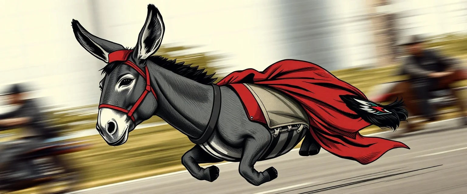 Political propaganda poster for Mexican farmer Hitler on fast superhero donkey, airbrush and pen outline against motion blurred photo background