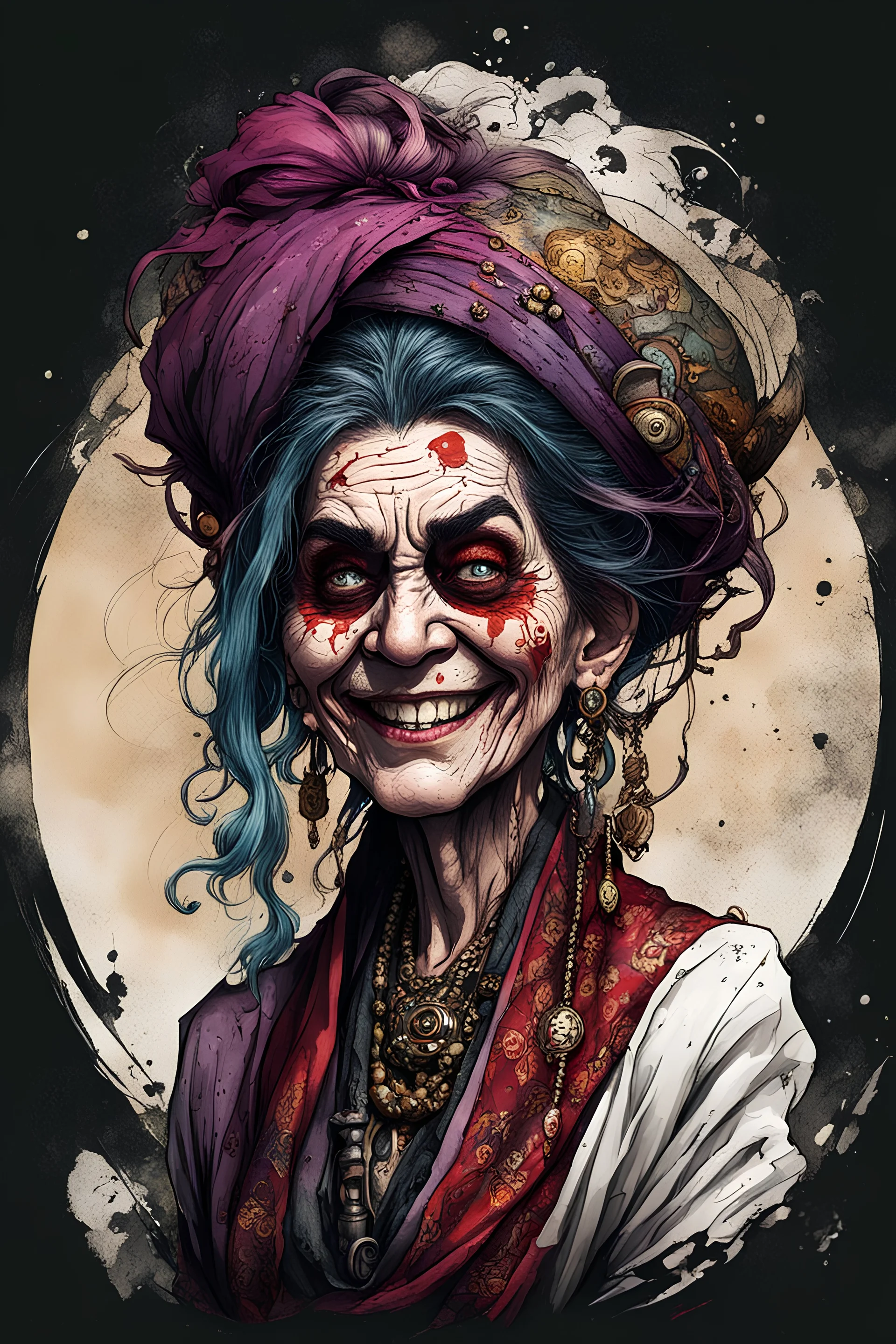 highly detailed full color, caricature concept illustration of a ragged female fortuneteller character , maximalist, sharp focus, highest resolution, in the styles of Ralph Steadman, Brom, Denis Forkas , and Masahiro Ito, boldly inked, 8k, coarse, gritty textures