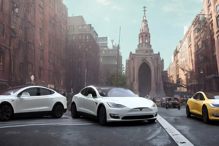 A Tesla 'Model Y' is racing at top speed, near the 'Central Synagogue' in New York City. (CINEMATIC, WIDE ANGLE LENS, PHOTO REAL)