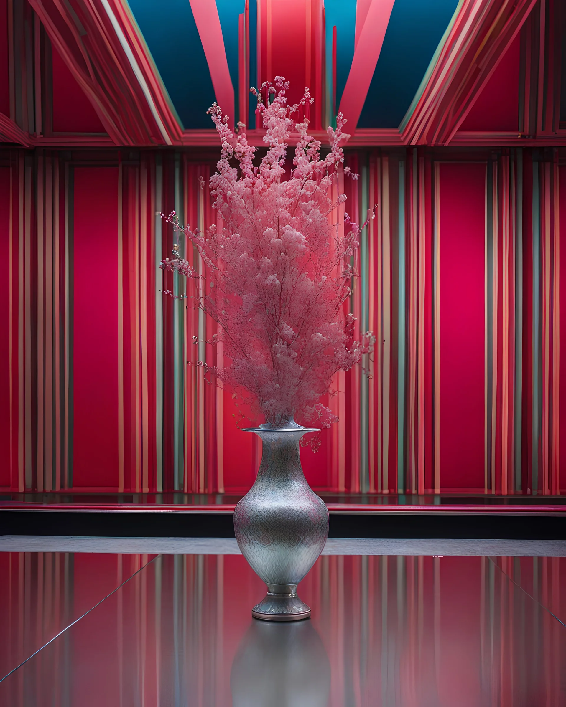 Cherenkov radiation colors, silver mean proportions, inspired by Joe Horner, Helice Wen, Mark Rothko, Benetton, december very sunny day at 11 a.m. volumetric lightning, photography with Leica Hermes Edition M7 camera of intricate floral bouquet using gestalt theory reminding Christmas Eve, in a brutalist porcelian vase on brutalist table, sophisticated composition, contemporary urban art gallery, hyper detailed, hyperrealistic, vivid, product-focused.
