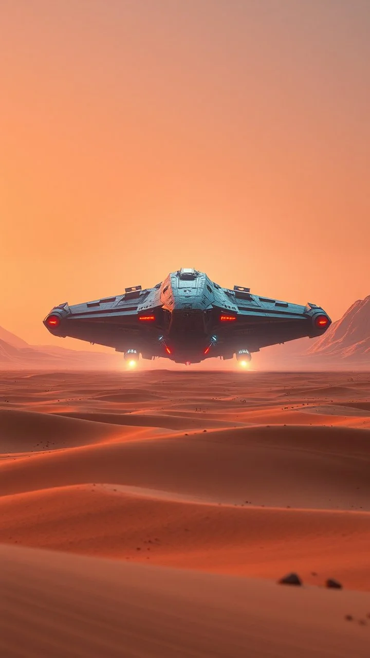 realistic photo of a landscape covered in sands that looks futuristic with futuristic lighting , a huge spaceship in the middle