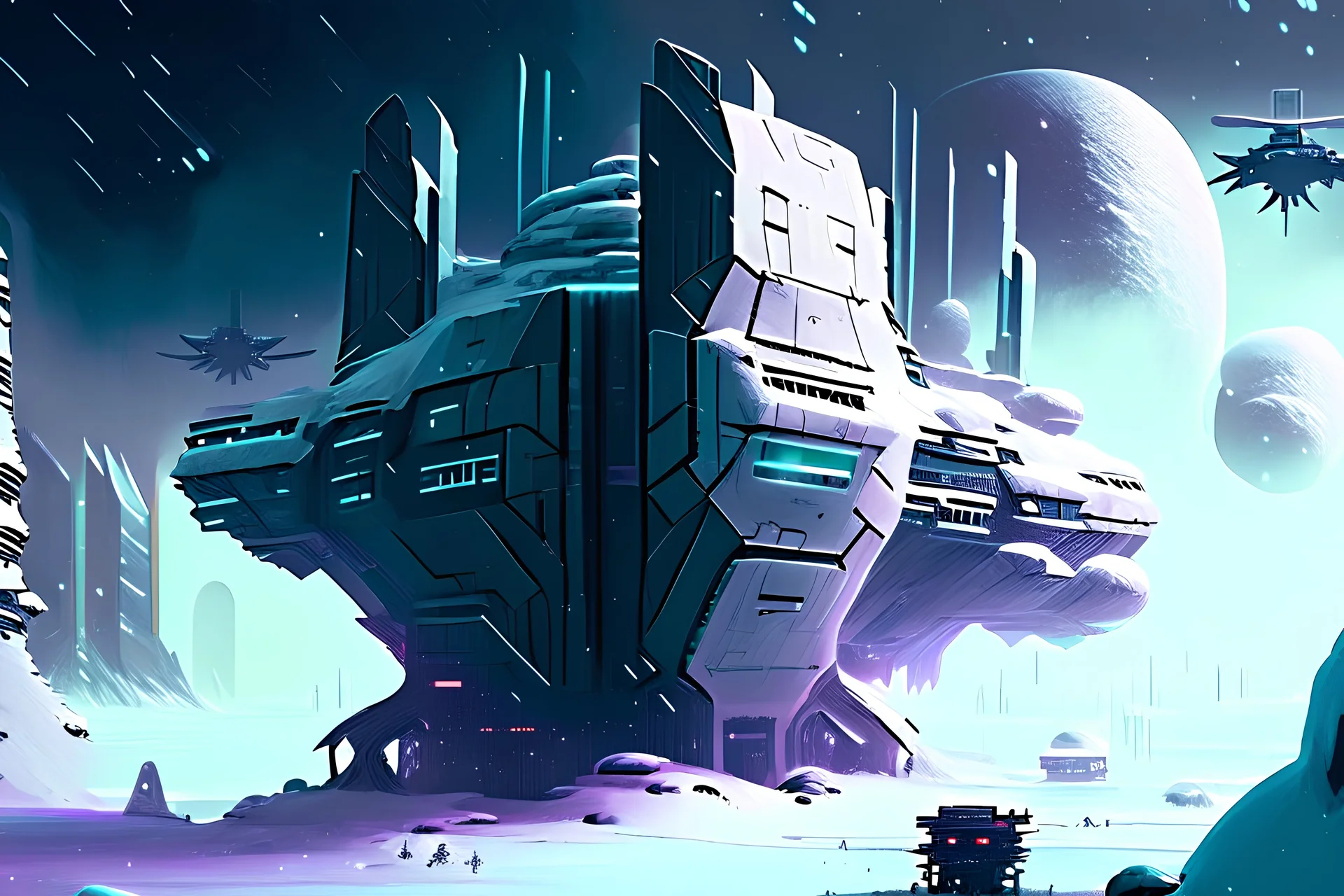 Modern Colony, Alien Planet, Winter, Cold, Blizzard, Spaceship, Blocky Buildings, Flying Spaceships