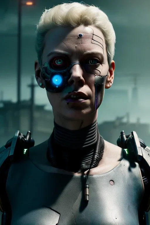 A portrait post-apocalypse cyborg CHARLIZE THYRON in a cyberpunk city, sci-fi fantasy style, 8k, volumetric lighting, particales,highly detailed,cinematic, deep scars on face,deep colours.