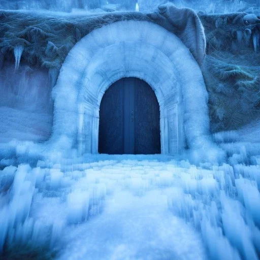 ethereal winter flowers, carved ice door at the end of ice steps, magical atmosphere, Beardsley, Unreal render, mdjourny v3 style, cinematic blue