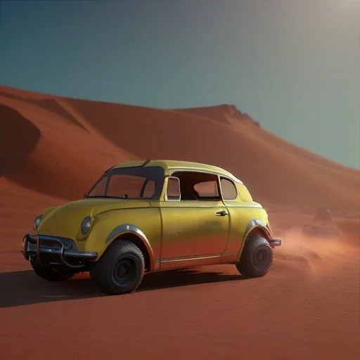 3d rendering. futuristic steampunk yellow car. Buried in desert sand. Lost in Time