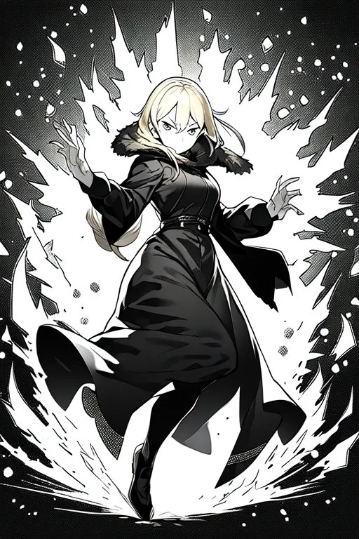 angry blonde girl, pose, full body, greyscale