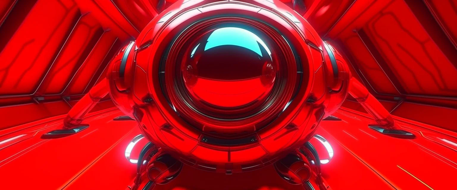 low view angle shot down from upper left front and showing the full vehicle, a RETROFUTURISTIC HOVERING CRAFT OF ALIEN ORIGIN, large close up a beautiful look up modern is decorated with red abstract, all red background, fisheye lense, vray, raytracing