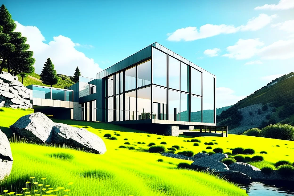 Modern, minimalist house located in a picturesque landscape. It is characterized by large glass windows and a clear exterior, providing an unobstructed view of the surrounding environment. It is built on a flat area surrounded by grass and rocks, with imposing mountains and trees in the background. The sky is clear, it is a serene and calm day, architecture, vibrant