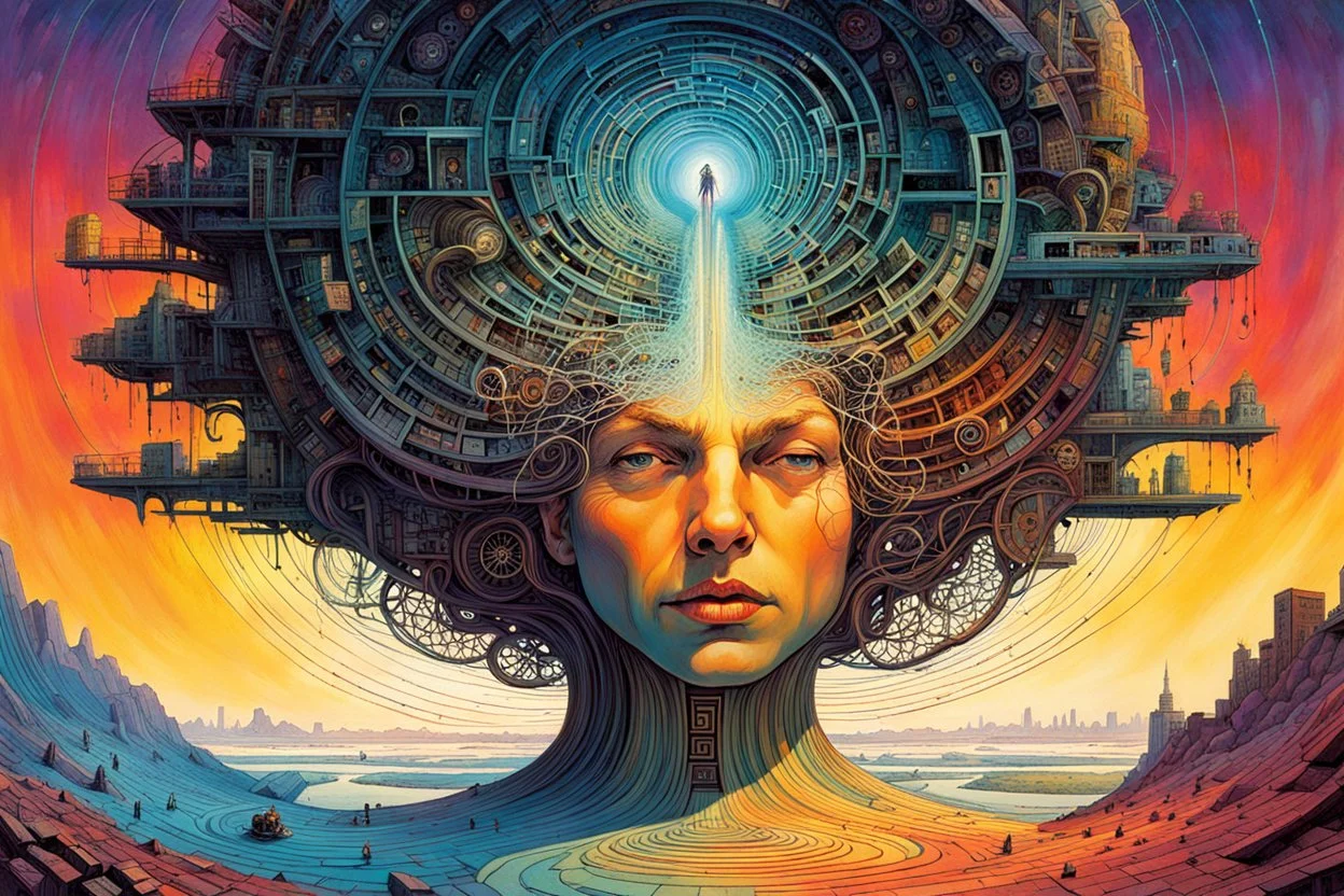 a surreal portrait of the inner workings of the human mind as twisted and convoluted labyrinth , Tracy Adams , Gabriel Pacheco , Douglas Smith , Bill Sienkiewicz, and Jean Giraud Moebius , vibrant natural color, sharp focus, ethereal and filled with wonder