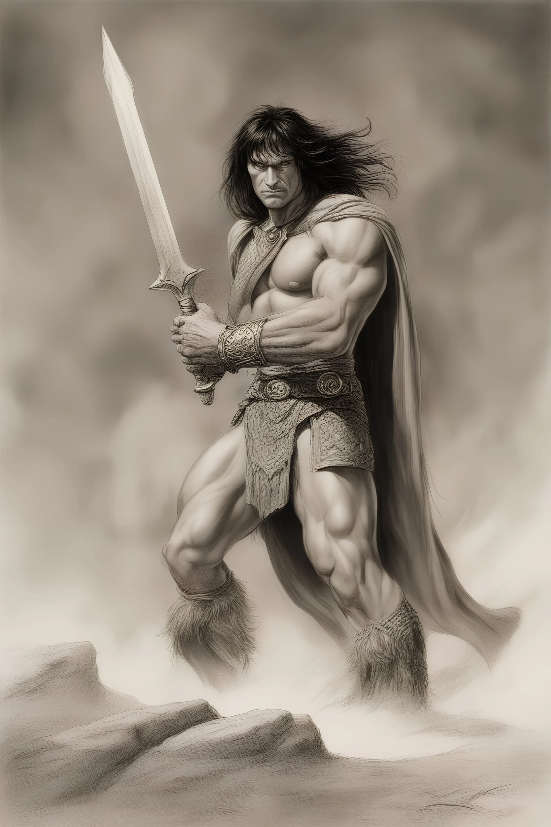 book covers, Conan of Aquilonia , pencil drawing with eraser marks, Movie poster, in the art style of Boris Vallejo,