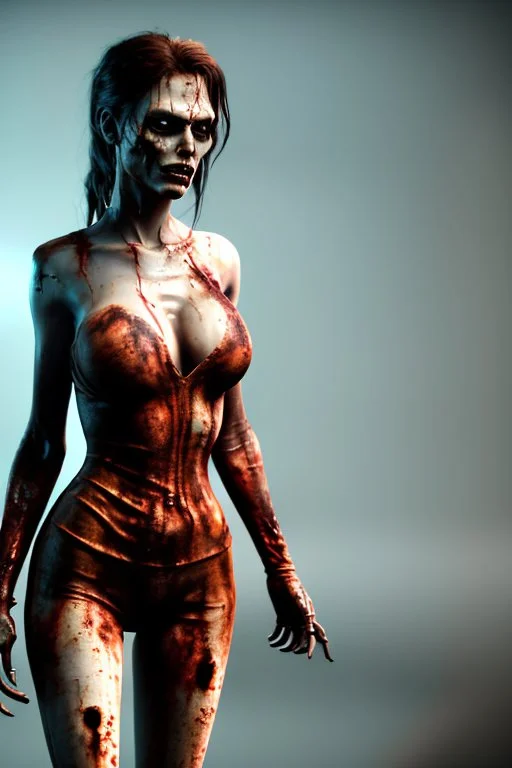 12k ultra-high-definition rendering of a zombie model in a photo studio ,The zombie, adorned in a red ripped tight dress, ripped sideways from top to bottom, long slit, shoes are fashionable platforms, big gun on side thigh, exudes a sinister aura under the studio's dark and mysterious lighting