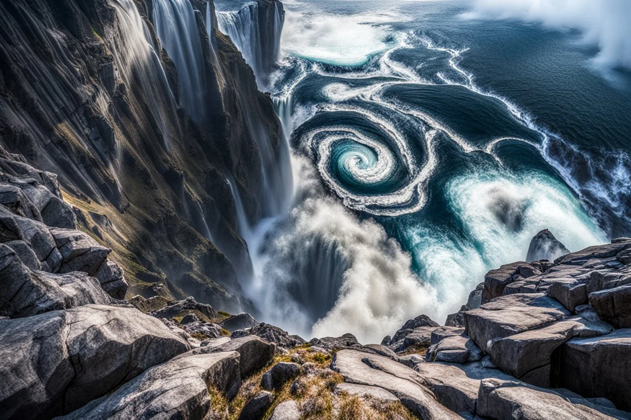 at the base of the rocky mountain peninsula, a great whirlpool waterfalls into deeper unknown depths