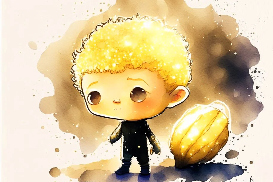 cute chibi mark zuckerberg with a big garlic in sunshine, watercolor and black in outlines, golden glitter, ethereal, cinematic postprocessing, bokeh, dof