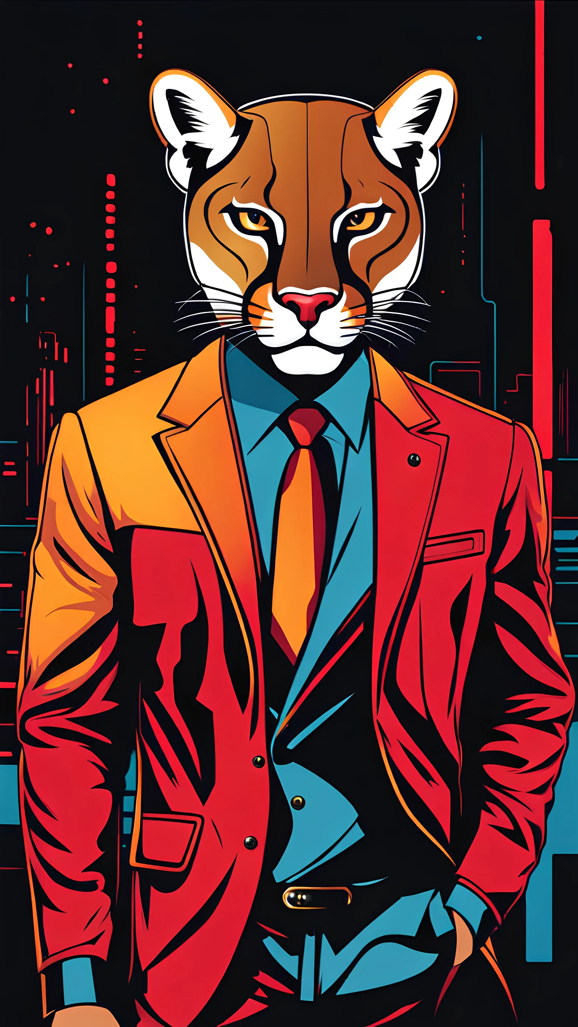 Full body Cougar man man with puma mask in his eyes stylized lineal art complementary colors quality ultra 12k