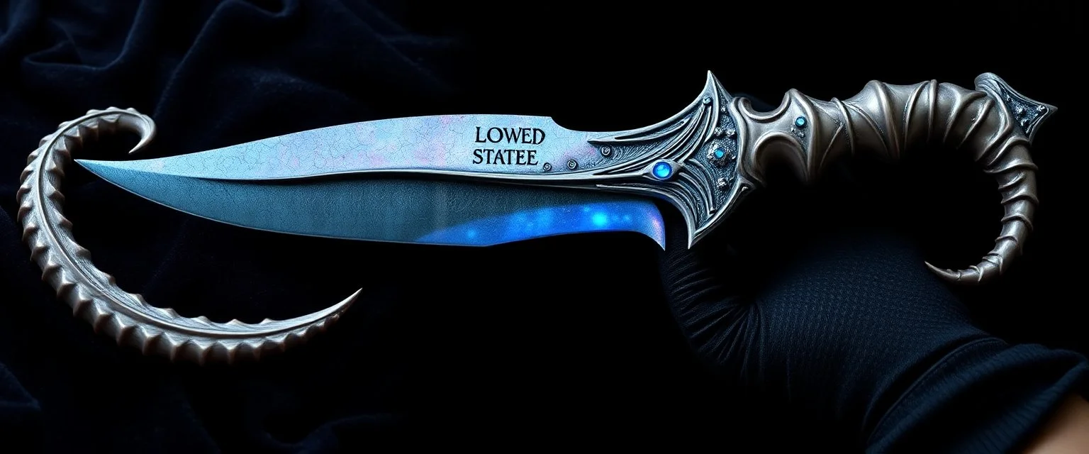 "A fantasy dagger inspired by a squid's tentacles, designed like a talon. The blade is curved and organic, shimmering with iridescent colors like deep-sea creatures. Its handle resembles a coiled squid arm, with tiny suckers and subtle bioluminescent patterns glowing in blues and purples. The overall design looks both ancient and alien, like a relic from an underwater civilization. The dagger is displayed on dark velvet or held by a gloved hand."