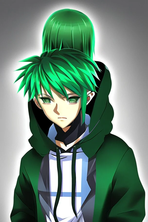 Anime Young man with green hair wearing a hoodie realistic