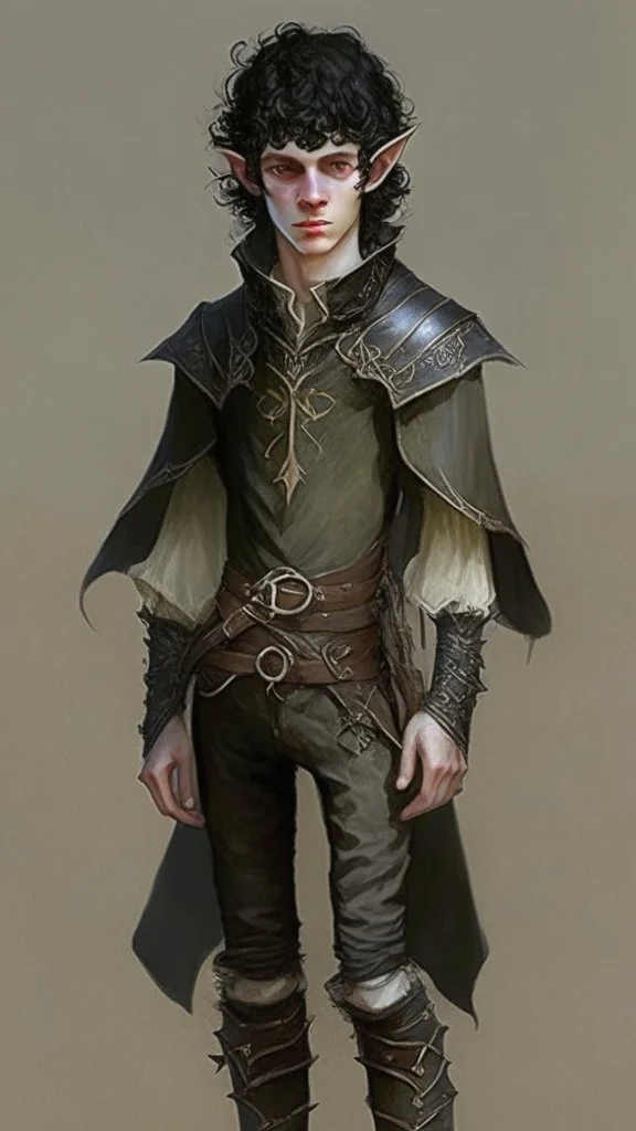 a teen elf. he has curly, black hair and sharp cheekbones. His eyes are black. He wears fantasy medieval clothes with boots. he is lean and tall, with pale skin. full body