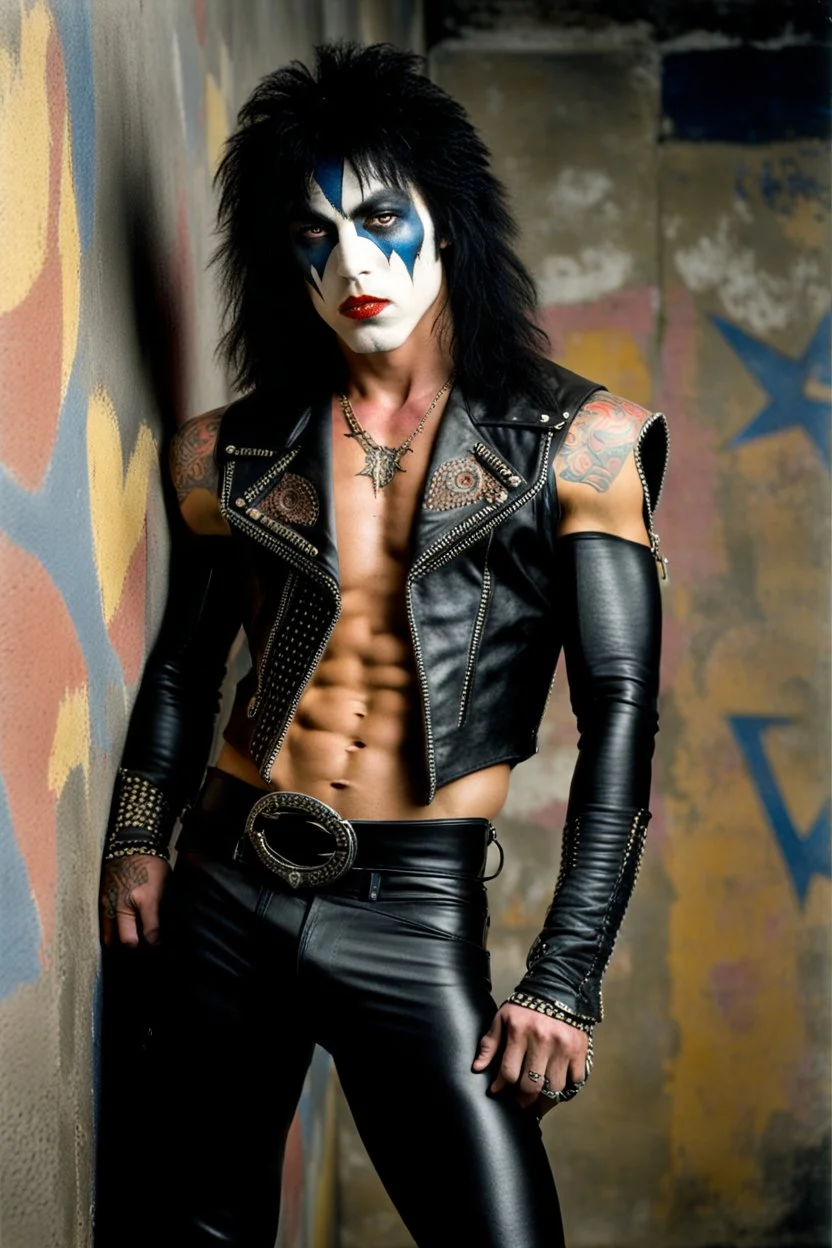 text 'KISS' - head and shoulders portrait, KISS - muscular 20-year-old Paul Stanley, Black star on right eye, Chest and stomach hair, rose tattoo on right shoulder, black spandex and leather, 8-inch high platform boots, - a multicolored cement wall in the background,