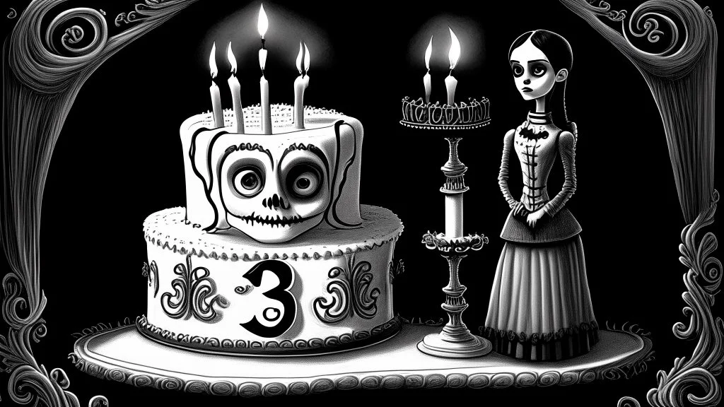 draw a birthday cake with logo number 23 or one candle 23 .Insanely detailed Addams Family movie still with Barbie dolls, art by tim burton