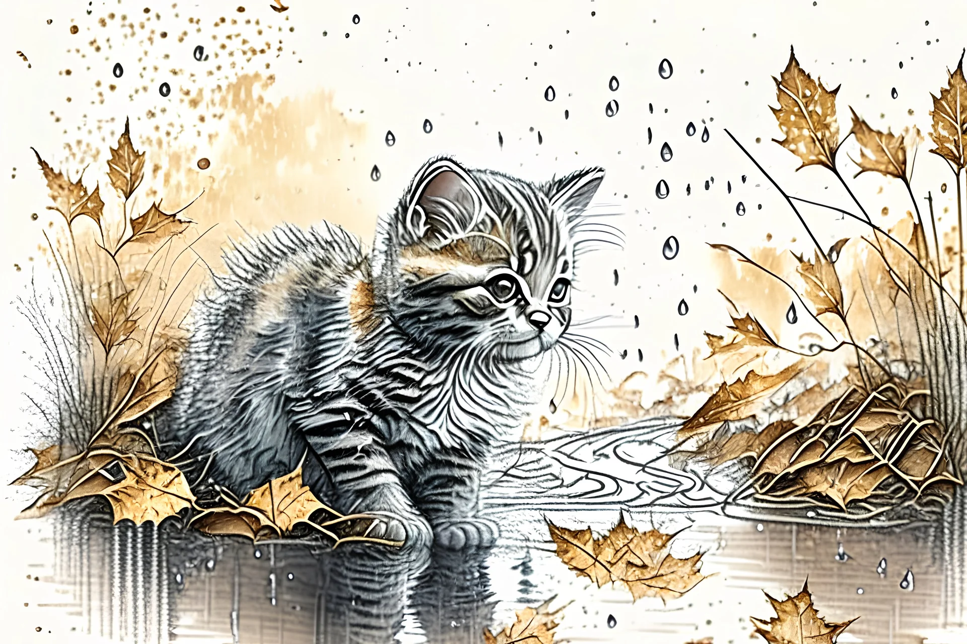 Cute soft contented kitten sweeping autumn leaves from the dirt road in the forest, reflecting water, misty morning sky, intricate zentangle, muted colours, employ golden ratio, elegant, intricate, very beautiful, high definition, hdr, pencil sketch, ultra realistic, ink, wet on wet watercolor, sparkling background