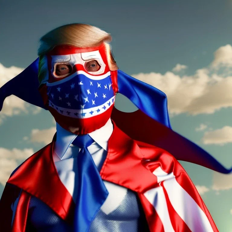 realistic image of donald trump as a mexican wrestling fighter posing outdoors, Mexican eyes wrestling mask, red and blue breeches, confederate flag cape, retro style, 80s, vibrant color, highly detailed, sky background, concept art, unreal engine 5, god rays, ray tracing, RTX, lumen lighting, ultra detail, volumetric lighting, 3d, finely drawn, high definition, high resolution.