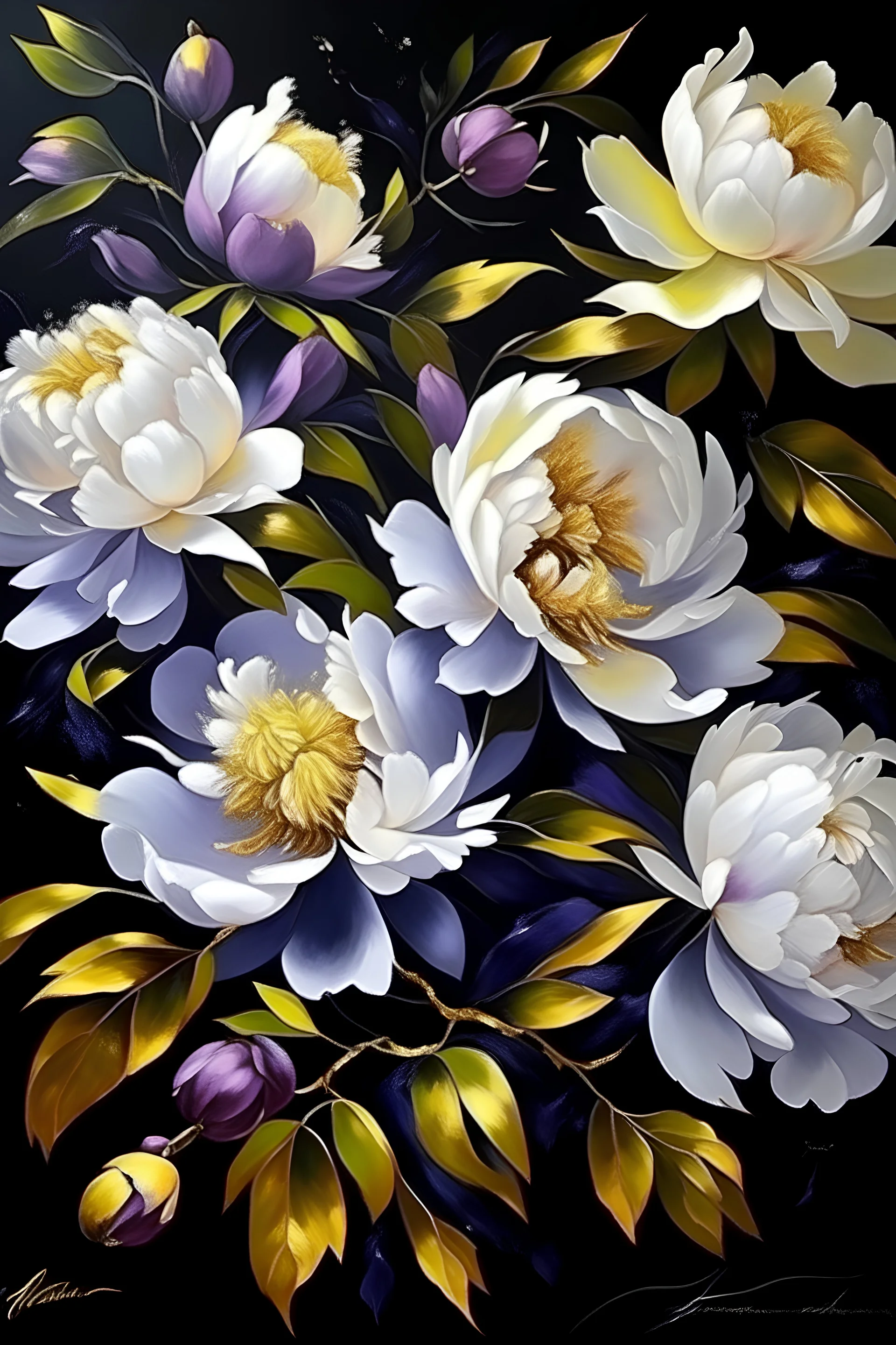 painting of white small Peonies flowers with gold flowers in center of canvas dark purple background