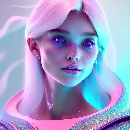 A portrait of a crystalised girl,smiling, longs hairs white , atmospheric, realistic,, cinematic lighting, octane render,, pink turquoise light, diadème