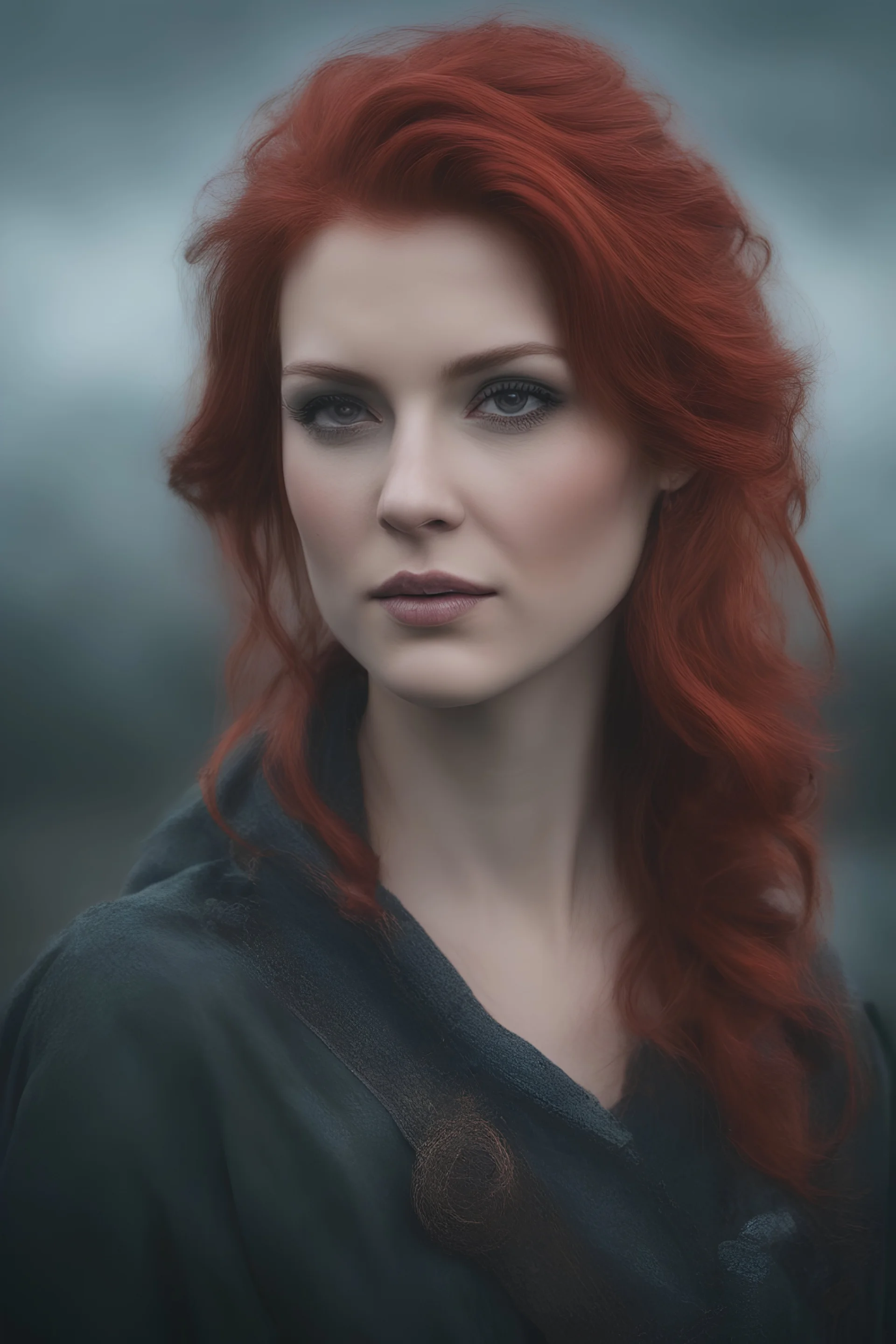 Misty Beaucannon with a single red hair - full color - 32k, UHD, 1080p, 8 x 10, glossy professional quality digital photograph - dark foggy gradated background, historic, powerful, octane rendering, exquisite detail, 30 - megapixel, 4k, 85 - mm - lens, sharp - focus, intricately - detailed, long exposure time, f8, ISO 100 - back - lighting, ((skin details, high detailed skin texture))