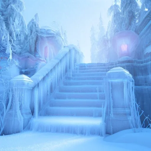 ethereal winter flowers, carved ice door at the end of ice steps, magical atmosphere, Beardsley, Unreal render, mdjourny v3 style, cinematic blue