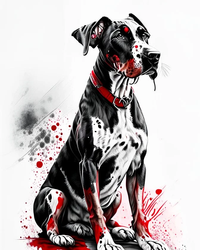 Dóberman dog sitting, front view, full body, ink lineart red white black orejas puntiagudas