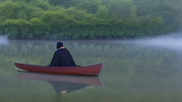 black robed monk in a small boat on quiet water in the mist