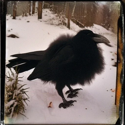 black puff ball of fluff raven crow corvid in the snow vintage polaroid