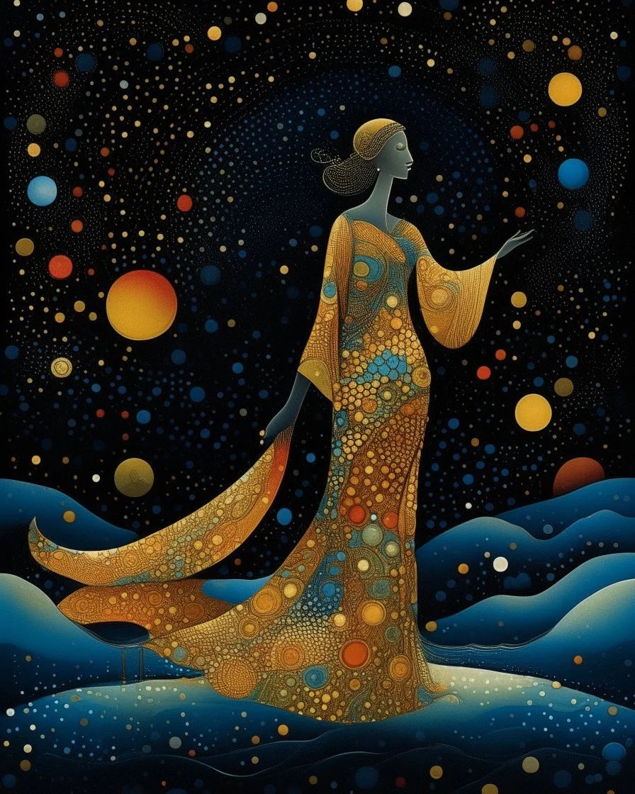 No corners drawing lines dots Kandinsky A full-body pretty African Asian moon goddess draped in flowing celestial fabric walks on water beneath a glowing full moon. Her gown unfurls like clouds, catching starlight and golden dust in the night air. The scene is surreal and divine, with painterly textures and a balance of shadow and illumination vertical Award winning imagery trompe l'oeil 3D surrealism masterpiece of Odilon Redon's dreamlike surrealism. kintsugi painting of abstract squares creat