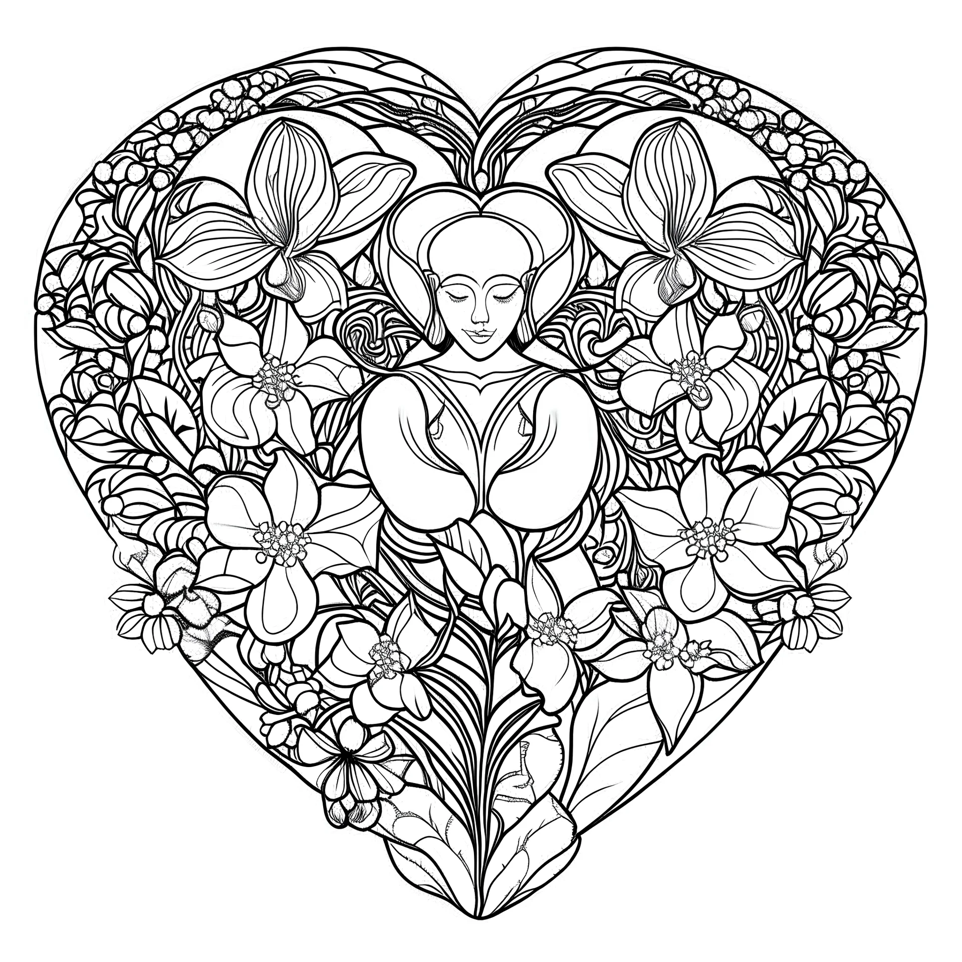 outline art for visually rich appealing ikebana orchids plumeria spa rounded stones around human heart, coloring page for kids, white background, fit to page, only use outline, clean line art, no shadows, clear and well outlined