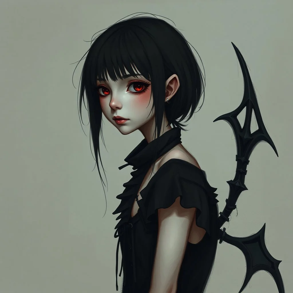 a pretty girl, skinny, dark hair, gothic clothes, dark fantasy, pale, stylised, young, art
