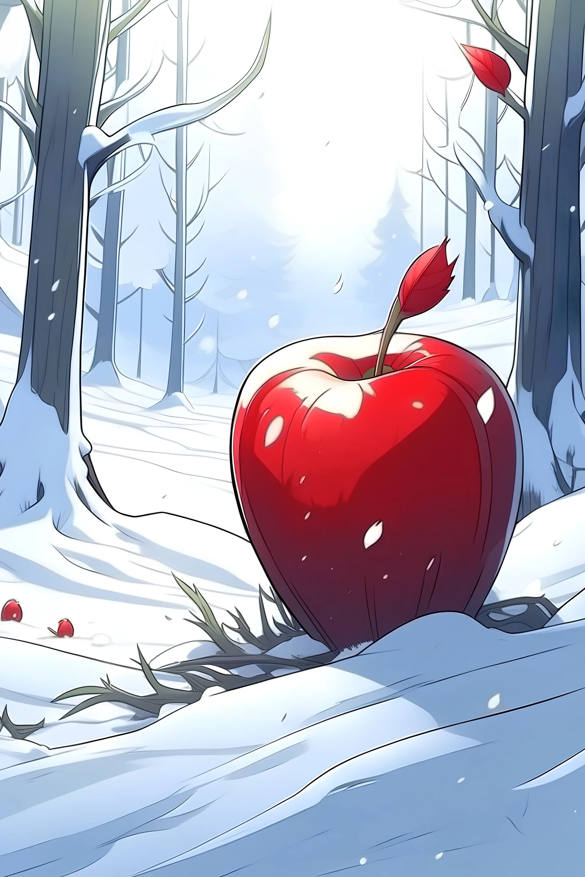 Imagen de blanca nieves mordiendo una manzana roja en un bosque nevado al estilo anime