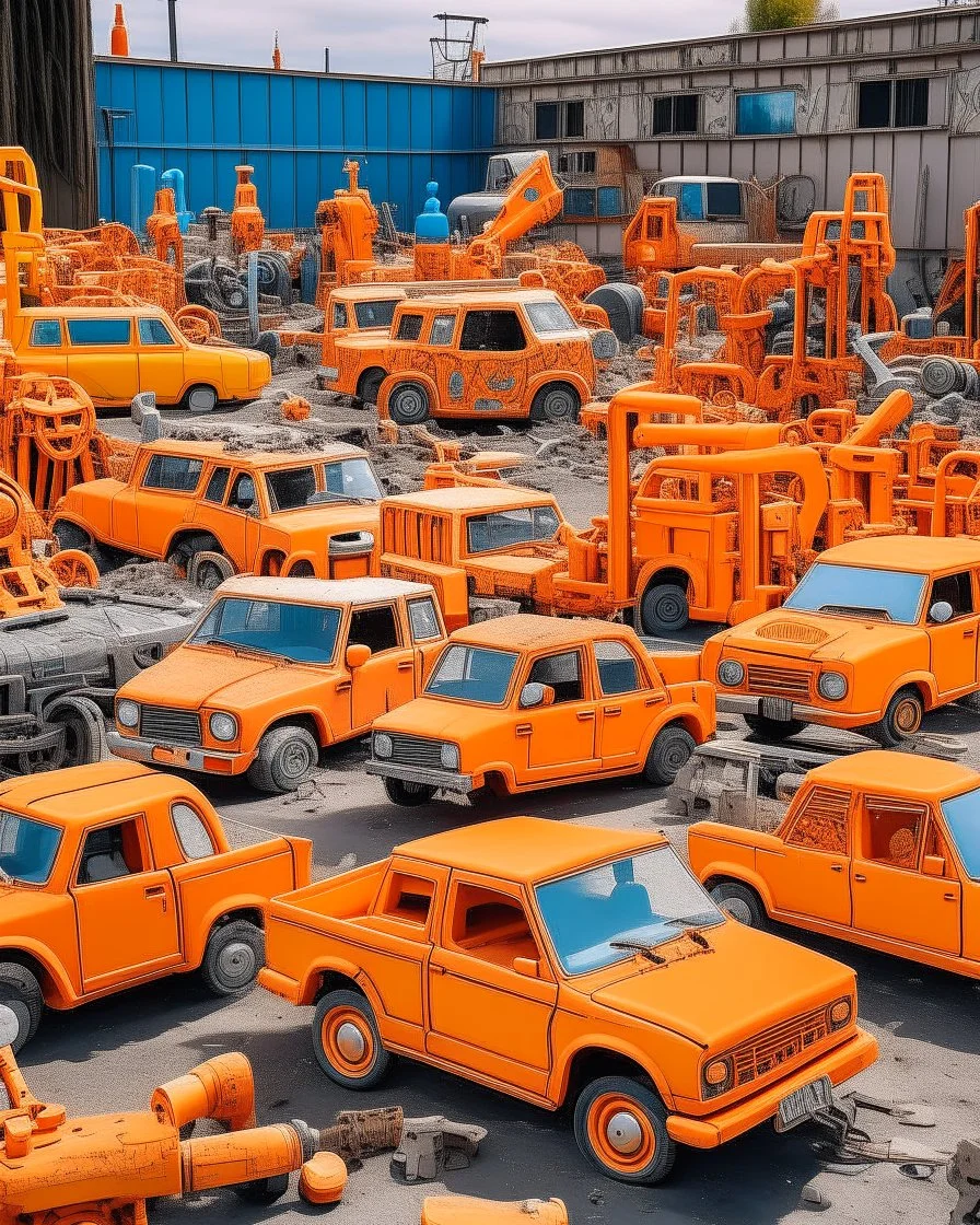 A light orange colored junkyard filled with construction vehicles painted by Keith Haring