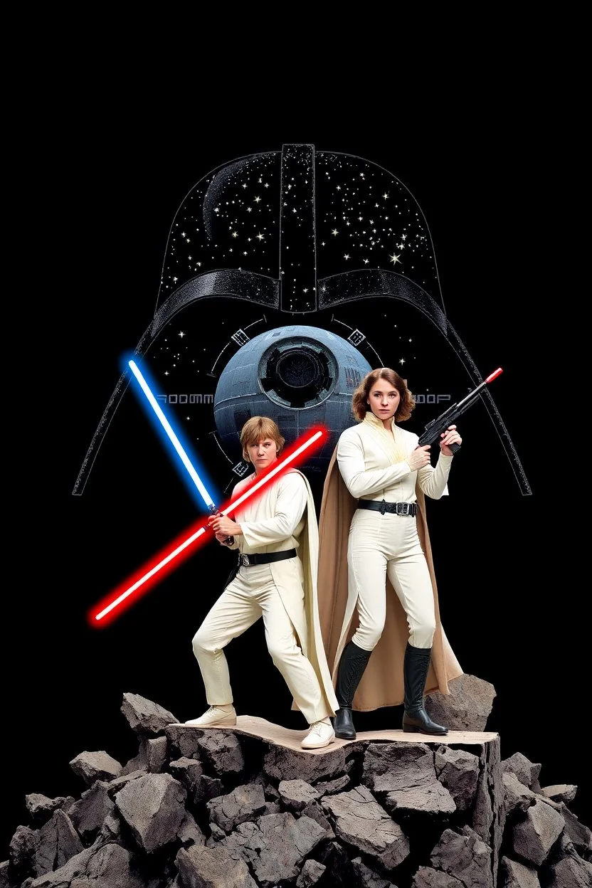 black background onto which the outline of darth vader is filled with stars and the Death Star is large within, in front is Luke Skywalker with lightsaber and Princess Leia Organa with pistol both in white clothing atop crumbling stone