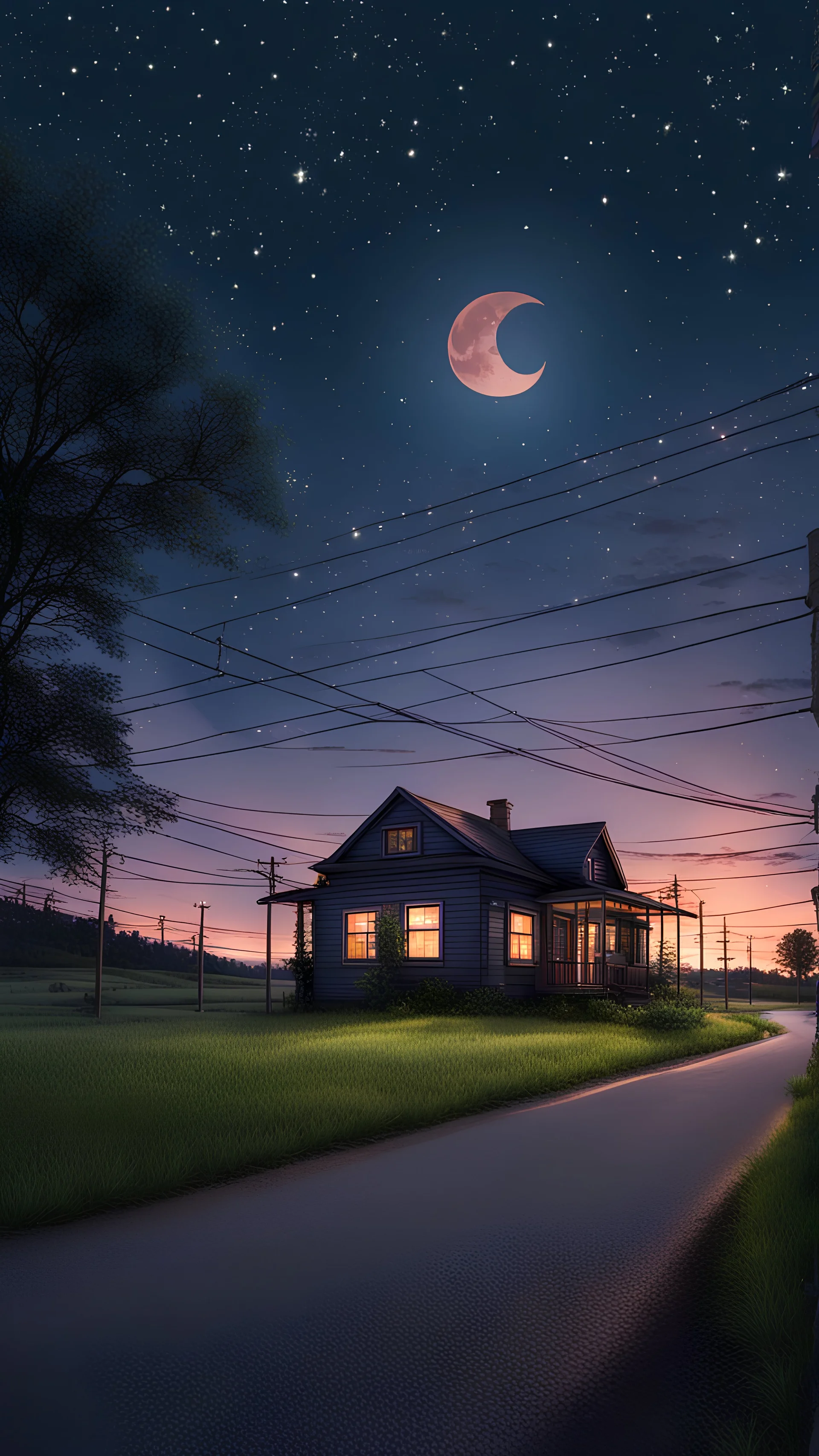 sky, no_humans, scenery, outdoors, tree, star_(sky), cloud, moon, crescent_moon, starry_sky, house, road, sunset, night, window, power_lines, utility_pole, building, grass, night_sky, plant