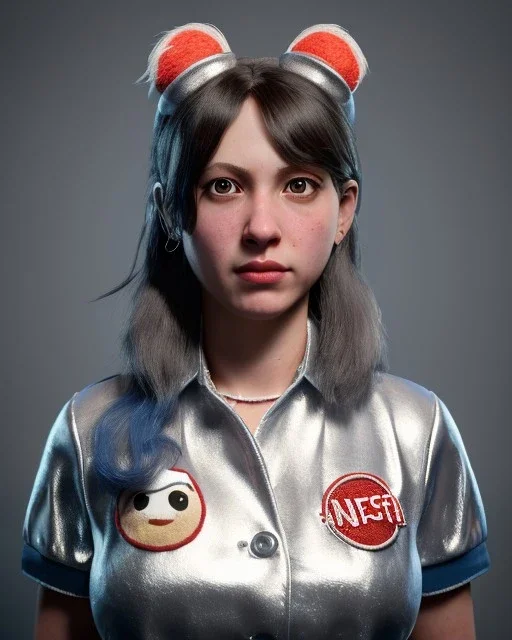 Portrait, waitress woman with monster muppet mask that covers her entire head, retro style, Japanese, Sesame Street style, silver, smooth, unreal engine 5, god lights, ray tracing, RTX, lumen lighting, ultra detail, volumetric lighting, 3d.