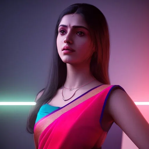 full body photo of a girl in saree in dark room with neon light ,hyperrealistic,detailed,8k,cinematic