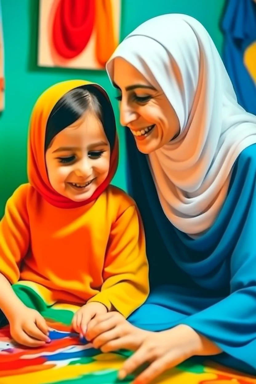 oriental arabic woman with child playing with each other painting colorfull smiling