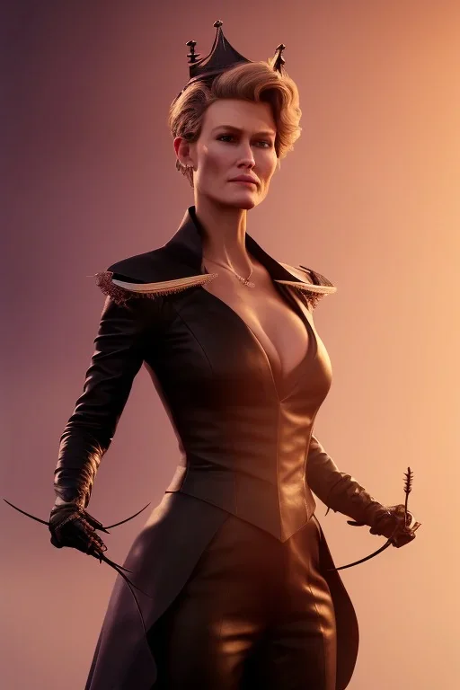 Robin Wright as evil queen in black leather, busty, cleavage, curvy, Claire Underwood, angry, stern look. character design by cory loftis, fenghua zhong, ryohei hase, ismail inceoglu and ruan jia. unreal engine 5, artistic lighting, highly detailed, photorealistic, fantasy