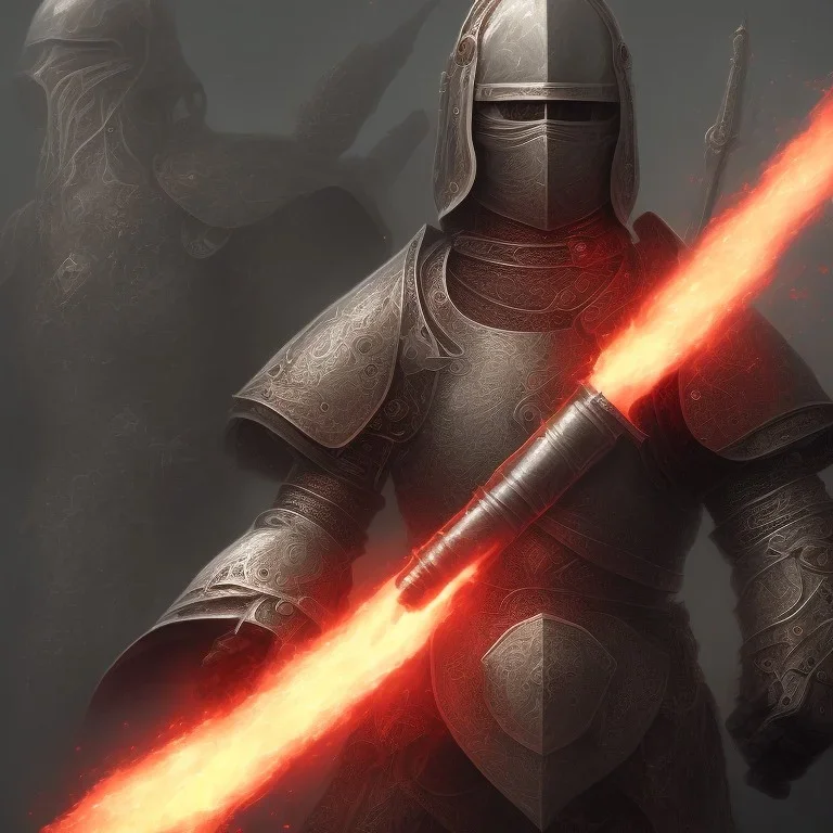 Knight guard far away. Shiny bright papper scroll. Weapon. Sharp. Damascus steel. Black. Technical details. Red. Doom dark. Meteorite. Fire.