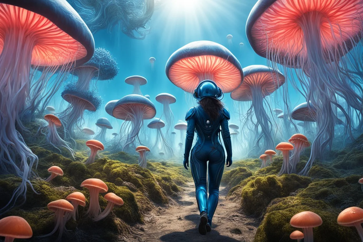 Woman in an Android suit, Walking Through Alien Mushrooms With Jellyfish Tentacles, Floating Through An Alien Forest, Photorealistic, Intricate Detail, Sunshine, Blue Sky