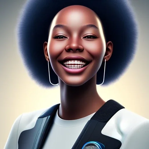 Ultra realistic photo. volumetric lighting , scientist. Young black woman, young, big smile. Joy. smiling. Afro futurism