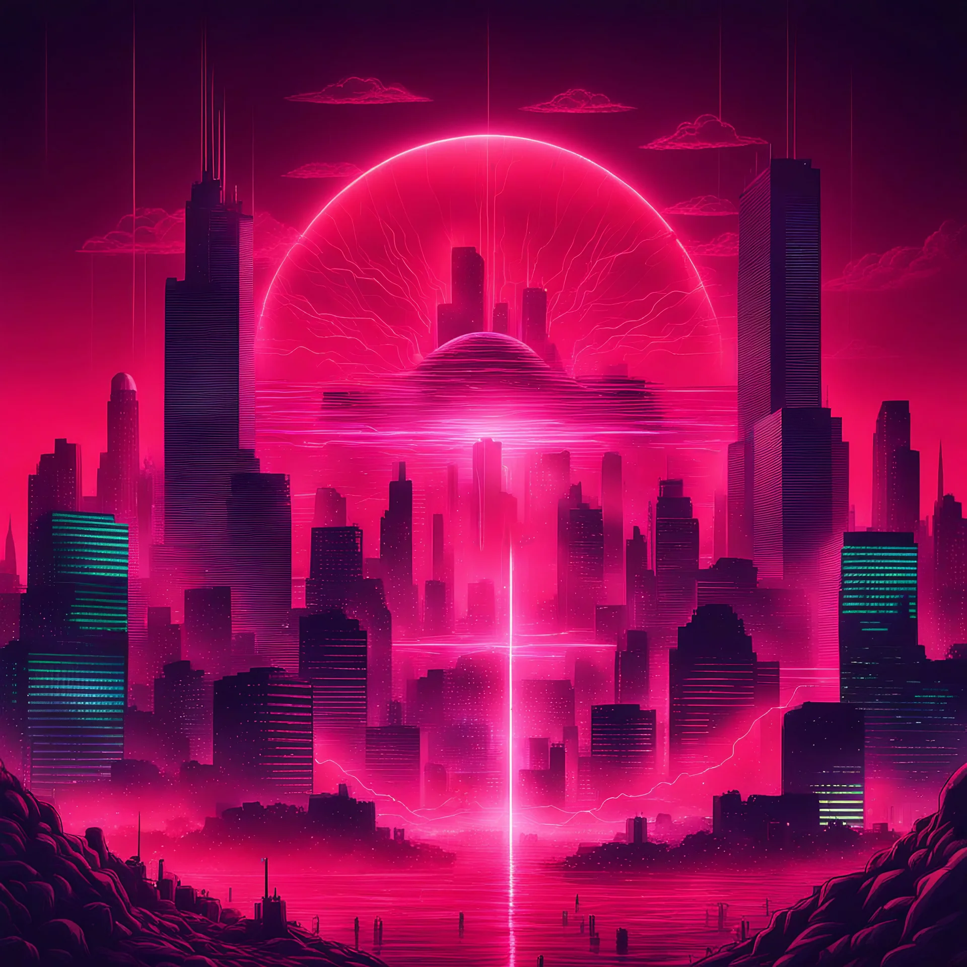 contagious virus over a city, in a retrowave red style with laser and fluids